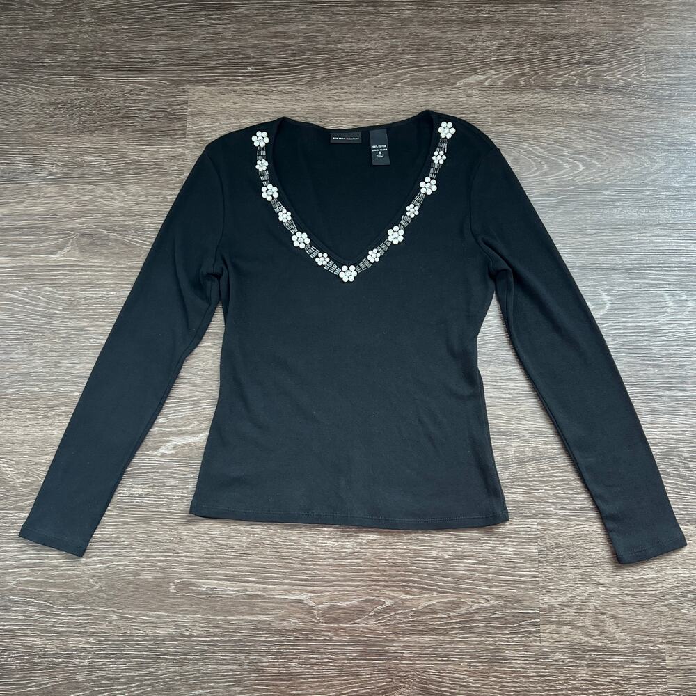 Vintage New York & Company Beaded Flowers Black Top S Whimsigoth 90's Coquette